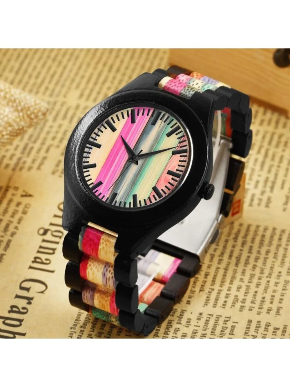 Men's Black&Multicolor Analog Handmade Colorful Bamboo Engraved Wooden Watch